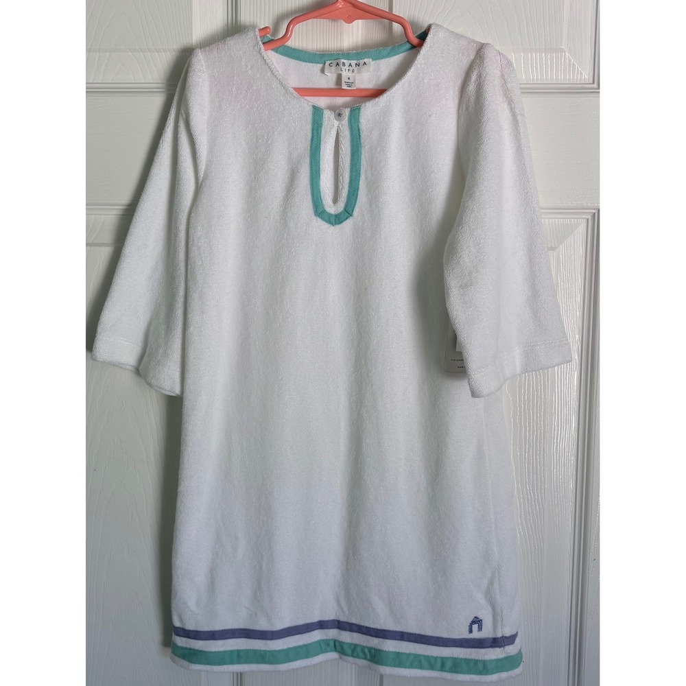 NEW Cabana Life Swim Cover Up 6 White Terry Cloth UPF 50+ Striped Trim